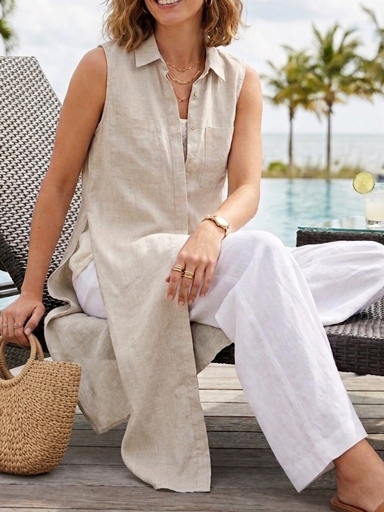 Chico's Tops - Chico’s 100 % Linen Oatmeal Long Tunic Layered Blouse Top 3 Petite = 16-18 XL